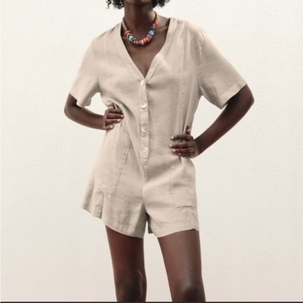 Zara Women Romper linen-blend, short sleeves, V-neck, pockets - large